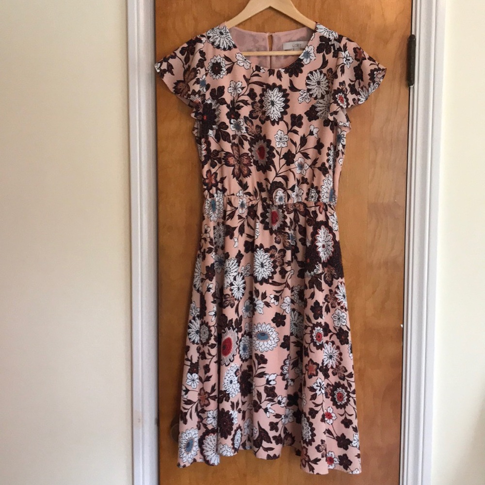 Loft pink floral midi flutter sleeve dress size M